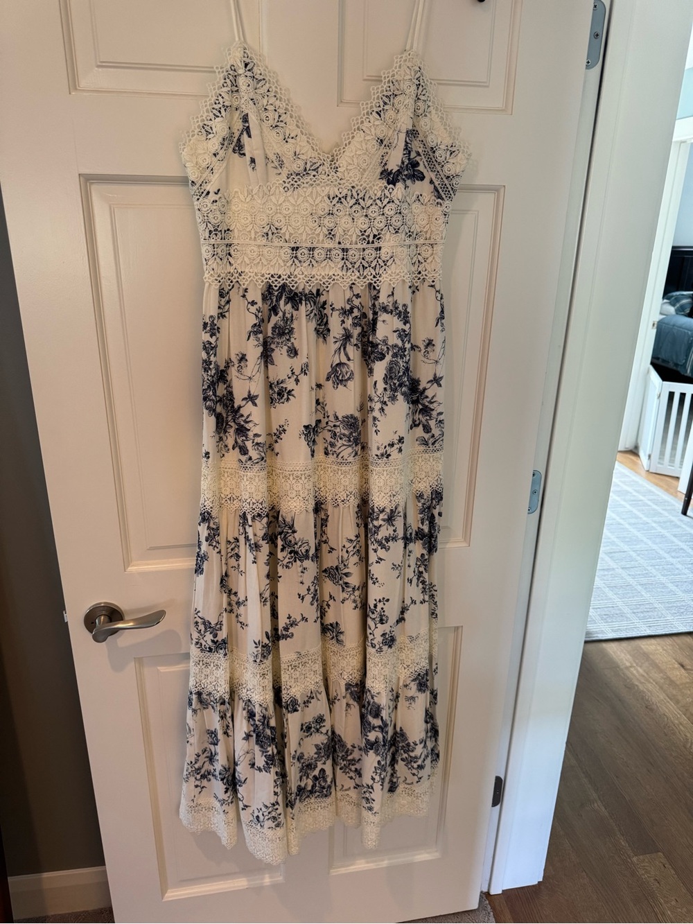 ANTONIO MELANI Cream Maxi Dress with Navy French Toile Floral Print and Lace